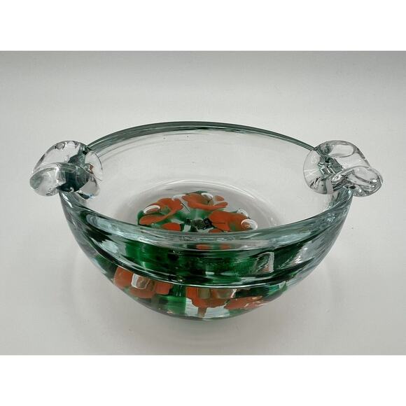 Vintage St. Clair Art Glass Trinket Dish Ashtray w Orange Trumpet Flowers - Picture 1 of 9